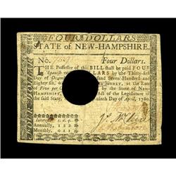 New Hampshire April 29, 1780 $4 Very Fine. Hole-cancele New Hampshire April 29, 1780 $4 Very Fine.