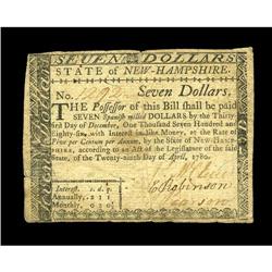 New Hampshire April 29, 1780 $7 Very Fine. Fully signed New Hampshire April 29, 1780 $7 Very Fine.