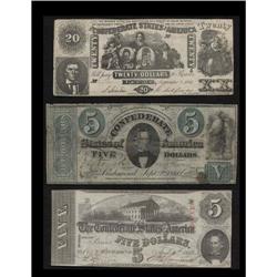 Three Confederate Notes including T20 $20 1861 VF, CC; Three Confederate Notes including