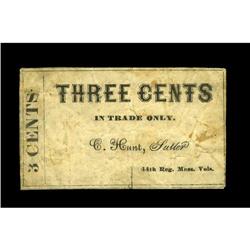 C. Hunt, Sutler 44th Reg. Mass. Vols 3¢ Keller MA SC-00 C. Hunt, Sutler 44th Reg. Mass. Vols