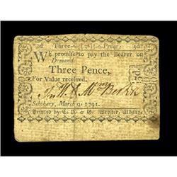Schohary, NY- Wm. Baker 3 Pence March 9, 1791 Harris 3A Schohary, NY- Wm. Baker