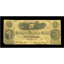Somers, NY- Farmers and Drovers Bank $5 1853 S5 Two Exa Somers, NY- Farmers and Drovers Bank