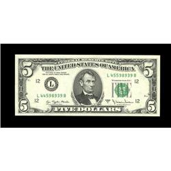 Fr. 1975-L $5 1977A Federal Reserve Note. Gem Crisp Unc Fr. 1975-L $5 1977A Federal Reserve Note. Ge