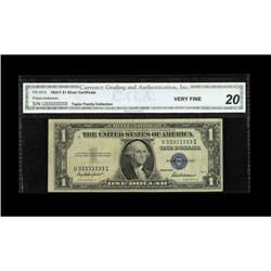 Fr. 1615 $1 1935F SC. CGA Very Fine 20. Solid 3''s Fr. 1615 $1 1935F Silver Certificate. CGA Very Fi