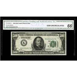 Fr. 2200-K $500 1928 Federal Reserve Note. CGA Gem Unci Fr. 2200-K $500 1928 Federal Reserve Note. C