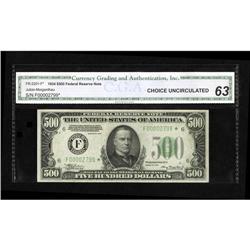 Fr. 2201-F* $500 1934 Federal Reserve Note. CGA Choice Fr. 2201-F* $500 1934 Federal Reserve Note. C