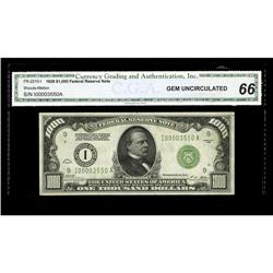 Fr. 2210-I $1000 1928 Federal Reserve Note. CGA Gem Unc Fr. 2210-I $1000 1928 Federal Reserve Note. 
