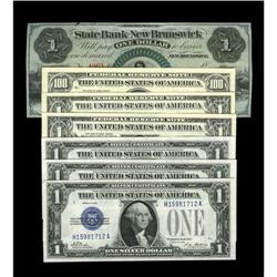 Seven Notes including $1 1928 Silver Choice CU; $1 1928 Seven Notes including