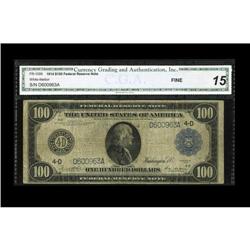 Fr. 1099 $100 1914 Federal Reserve Note CGA Fine 15. A Fr. 1099 $100 1914 Federal Reserve Note CGA F