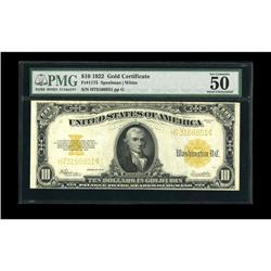 Fr. 1173 $10 1922 Gold Certificate PMG About Uncirculat Fr. 1173 $10 1922 Gold Certificate PMG About