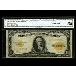Fr. 1173 $10 1922 Gold Certificate CGA Very Fine 35. De Fr. 1173 $10 1922 Gold Certificate CGA Very 