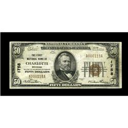 Charlotte, MI - $50 1929 Ty. 1 The First NB Ch. # 1758H Charlotte, MI