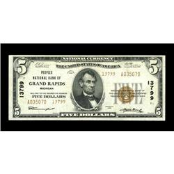 Grand Rapids, MI - $5 1929 Ty. 2 Peoples NB Ch. # 13799 Grand Rapids, MI