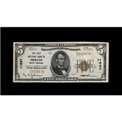 Mebane, NC - $5 1929 Ty. 1 The First NB Ch. # 11697The Mebane, NC