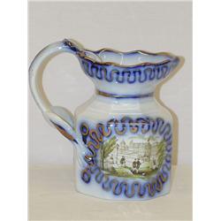 6" FLOW BLUE PITCHER W/ POLYCHROME DECO