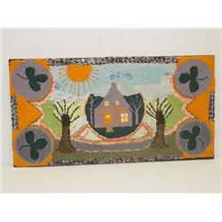 FOLKY HOOKED RUG W/ HOME & TREES W/ COR