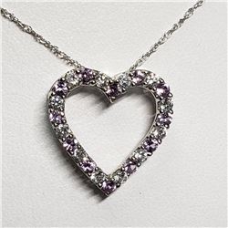 Silver Simulated Alexandrite Cubic Zirconia Heart Shaped Pendant With Chain Necklace (~length 18"cm)