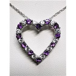 Silver Natural Amethyst Cubic Zirconia Heart Shaped Pendant With Chain Necklace (~length 18"cm), Sug