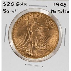 1908 No Motto $20 St. Gaudens Double Eagle Gold Coin