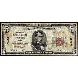 1929 $5 American National Bank of Austin, Texas CH# 4322 National Currency Note