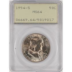 1954-S Franklin Half Dollar Coin PCGS MS64 Old Green Rattler