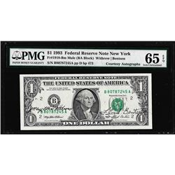 1993 $1 Federal Reserve Note PMG Gem Uncirculated 65EPQ Dual Courtesy Autographs