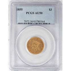 1855 $3 Indian Princess Head Gold Coin PCGS AU50