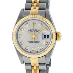 Rolex Ladies Quickset Two Tone 18K Silver Diamond Datejust Wristwatch