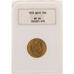 1913 Netherland 10 Gulden Gold Coin NGC MS64