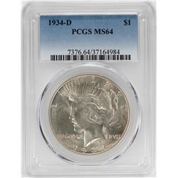 1934-D $1 Peace Silver Dollar Coin PCGS MS64