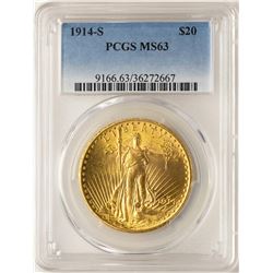 1914-S $20 St. Gaudens Double Eagle Gold Coin PCGS MS63