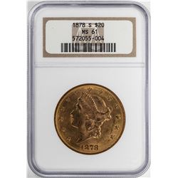 1878-S $20 Liberty Head Double Eagle Gold Coin NGC MS61