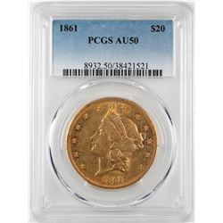 1861 $20 Liberty Head Double Eagle Gold Coin PCGS AU50