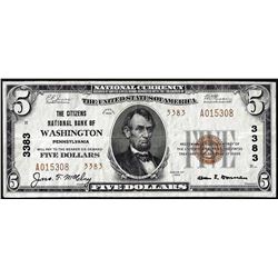 1929 Type 2 $5 Citizens NB of Washington, PA CH# 3383 National Currency Note