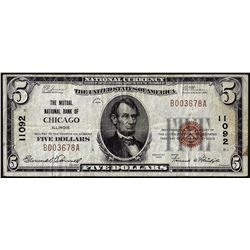 1929 $5 Mutual NB of Chicago, IL CH# 11092 National Currency Note