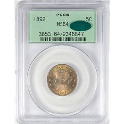 1892 Liberty V Nickel Coin PCGS MS64 CAC Amazing Color