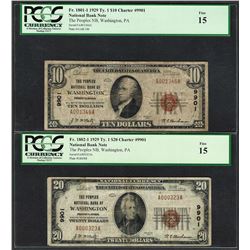 Lot of 1929 $10/20 NB of Washington, PA CH# 9901 National Currency Notes PCGS Fine 15