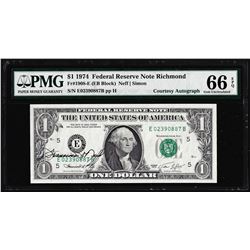 1974 $1 Federal Reserve Note PMG Gem Uncirculated 66EPQ Courtesy Autograph