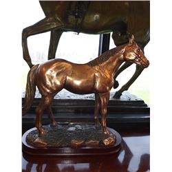 SOLID / COPPER FINISH STANDING QUARTER HORSE STATUE ON WOOD BASE