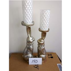 PEONY SOLID RESIN GOLD FINISHED FRENCH COUNTRY JEWELED RABBITS W LED FLICKER CANDLES