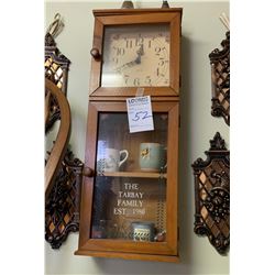 BUNDLE LOT: COUNTRY WALL CLOCK, BATH CLOCK, VINTAGE CHINA, GLASSWARE