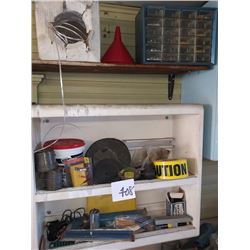 VARIOUS TOOLS, NUTS AND BOLTS, SPOOLS OF WIRE, CAUTION TAPE, MORE