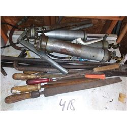 LOT OF GREASE GUNS, FILES, CROW BARS