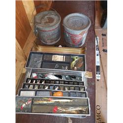 ROD AND REEL, PAIR OF MINNOW BUCKETS, TACKLE BOX FULL OF FISHING LURES