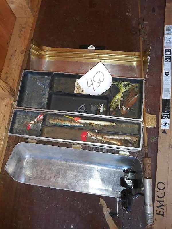 ROD AND REEL, PAIR OF MINNOW BUCKETS, TACKLE BOX FULL OF FISHING LURES