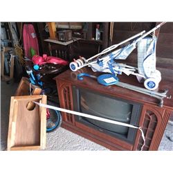 KID'S BICYCLE, WOODEN HIGH CHAIR, STROLLER, FOLDING SEAT CANE, RCA CABINET TV