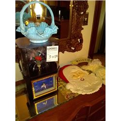FANCY ELECTRIC CLOCK, GLASS BASKET, CERAMIC SANTA, WELCOME SIGN