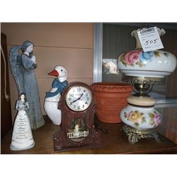 FLORAL PAINTED LAMP, CLOCK, ANGEL FIGURINES