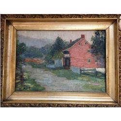 Late 19thc Signed Oil Painting, American Red House