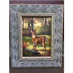 20thc. Oil Painting, Hunt Scene, Woodland Stag Deer